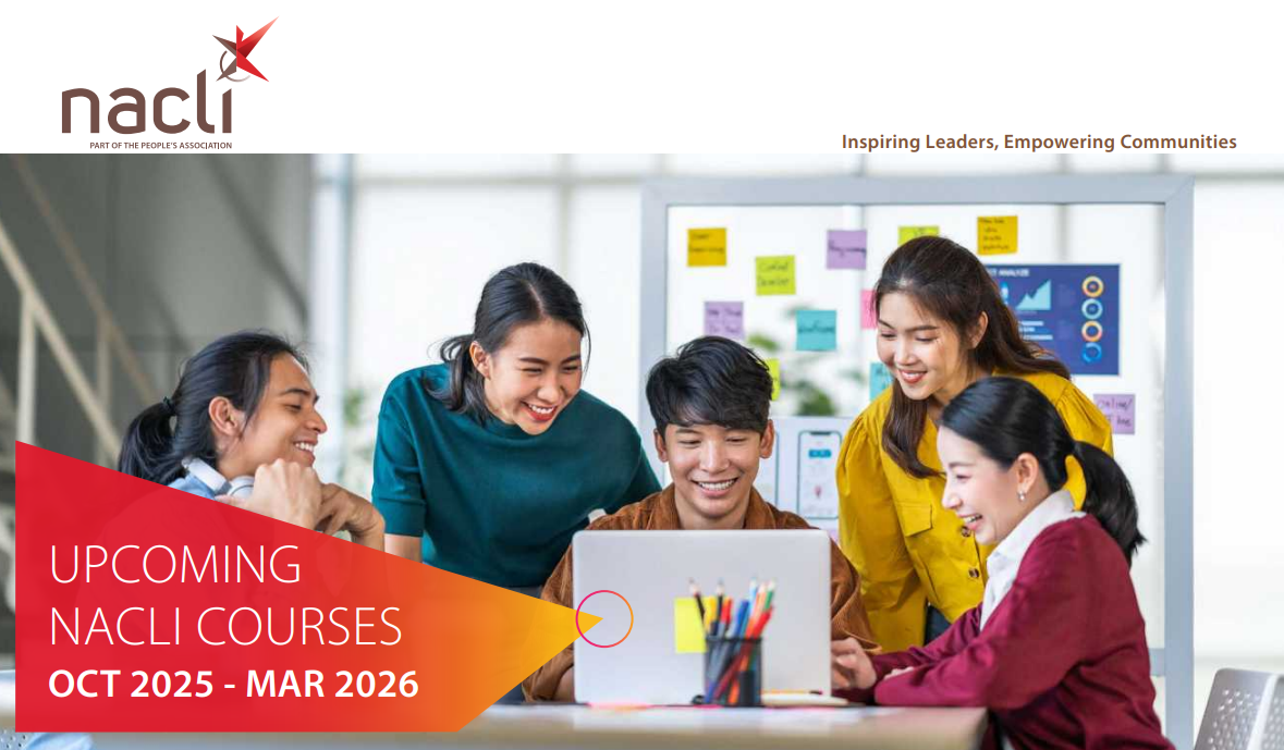 A group of people engaged in discussion around a table, with text promoting NACLI courses from Oct 2025 - Mar 2026.